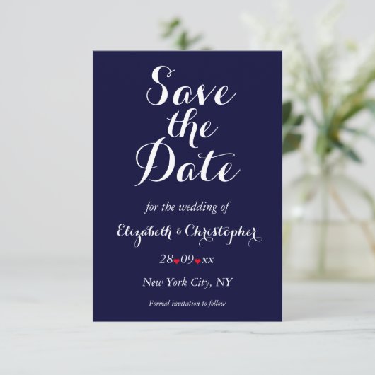 Eenvoudige Elegante Navy Blauwe Witte Trouw Verlov Save The Date (Staand voorkant)