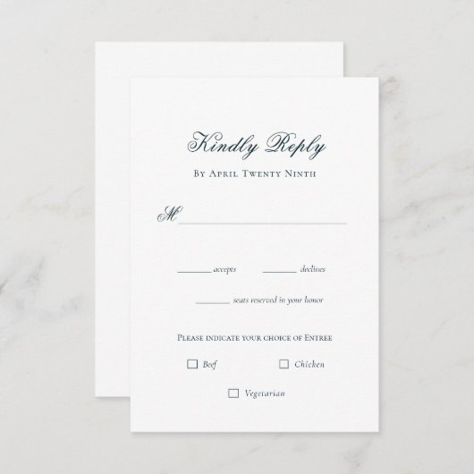 Eenvoudige Elegante Navy & witte bruiloft RSVP Kaa (Voorkant / Achterkant)