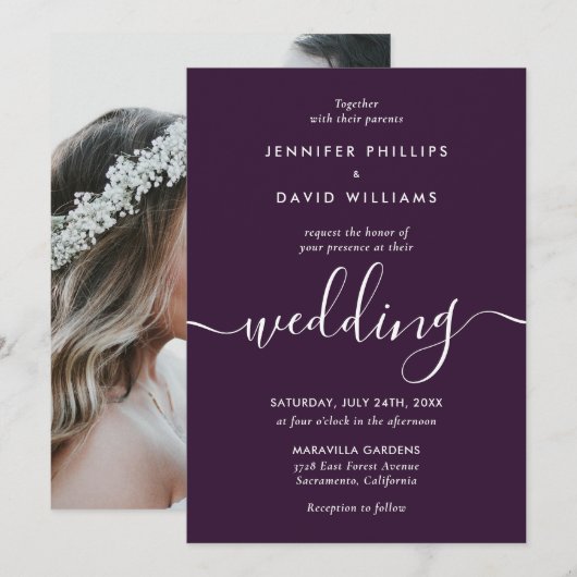 Eenvoudige elegante Paarse foto bruiloft Kaart (Voorkant / Achterkant)