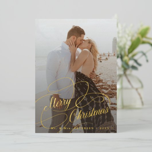 Eenvoudige elegante pasgetrouwde Merry Christmas g Folie Feestdagenkaart (Staand Voorkant)