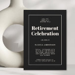Eenvoudige Elegante Pensioen Partij Zwart Kaart<br><div class="desc">Eenvoudig, modern en elegant, deze Pensioenfeestuitnodiging heeft een verfijnde aantrekkingskracht. Een zwarte achtergrond met lichte ivoren beige tekst omlijst door een bijpassende dunne lijn rand brengen de details van uw evenement met hedendaagse styling. De moderne tekst sjabloon is gemakkelijk te personaliseren met uw evenementgegevens. Deze uitnodiging is een perfecte keuze...</div>