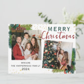 Eenvoudige Elegante Pine Tree 2 foto Kerstfamilie Feestdagenkaart (Staand voorkant)