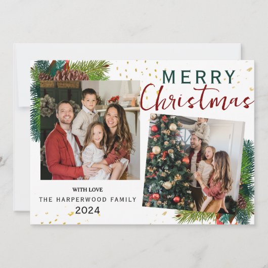 Eenvoudige Elegante Pine Tree 2 foto Kerstfamilie Feestdagenkaart (Voorkant)