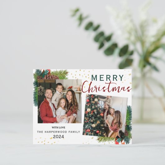 Eenvoudige Elegante Pine Tree 2 foto Kerstfamilie Feestdagenkaart (Staand voorkant)
