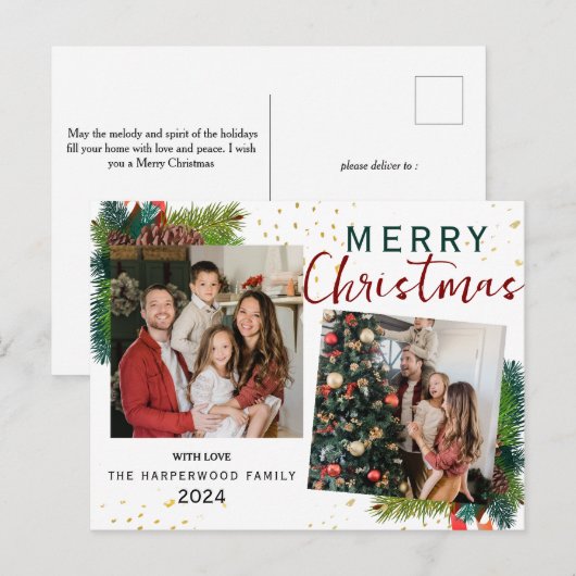 Eenvoudige Elegante Pine Tree 2 foto Kerstfamilie Feestdagenkaart (Voorkant / Achterkant)
