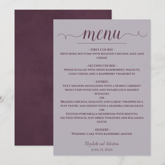 Eenvoudige Elegante Plum op Dusty Lavendel Wedding Menu (Voorkant / Achterkant)