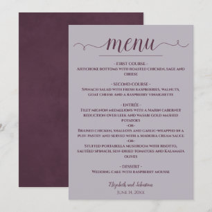 Eenvoudige Elegante Plum op Dusty Lavendel Wedding Menu
