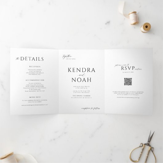 Eenvoudige elegante QR-code RSVP details bruiloft Drieluik Uitnodiging (Binnen)