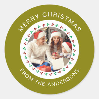 Eenvoudige Elegante Ronde Kerstfoto Familienaam Ronde Sticker