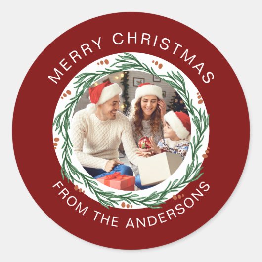 Eenvoudige Elegante Ronde Kerstfoto Familienaam Ronde Sticker (Voorkant)