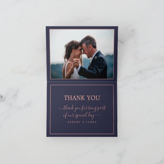 Eenvoudige Elegante Roos Gouden Marine Blauwe Trou Bedankkaart (Binnen)