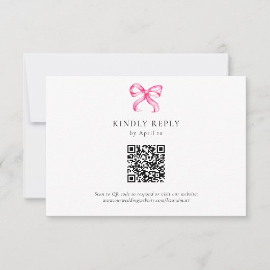 Eenvoudige Elegante Roze Bow Coquette Wedding QR C RSVP Kaartje (Voorkant)