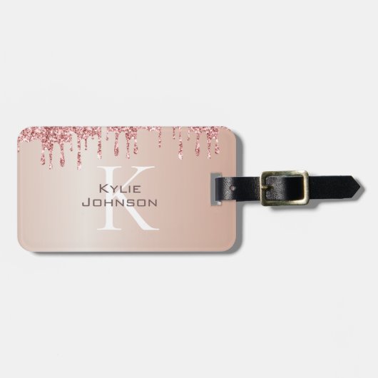 Eenvoudige elegante Roze Glitter Mooie Monogram Na Bagagelabel (Voorkant horizontaal)