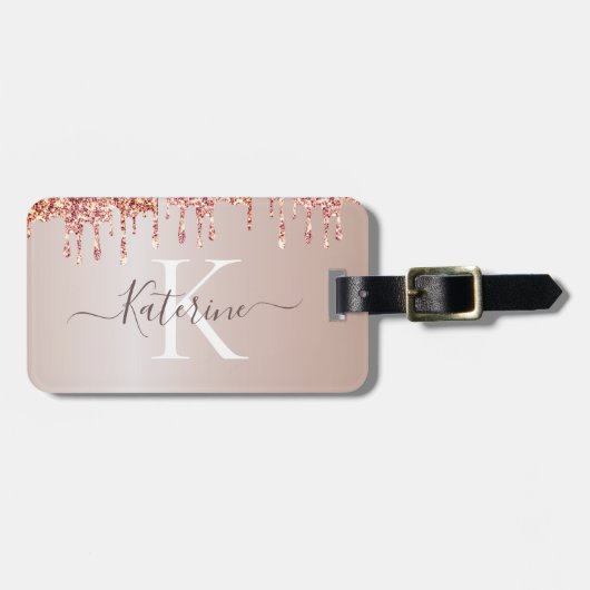 Eenvoudige elegante Roze Glitter Schattigee Monogr Bagagelabel (Voorkant horizontaal)