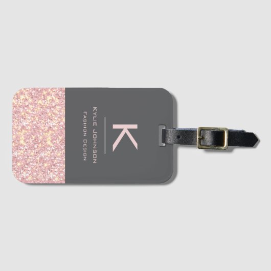 Eenvoudige elegante Roze Glitter Schattigee Monogr Bagagelabel (Voorkant (horizontaal))