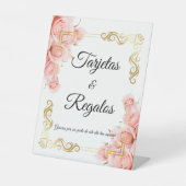 Eenvoudige Elegante Roze Gouden Bloem Quinceañera Reclamebord Met Voetstuk (Voorkant)