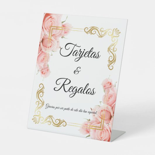 Eenvoudige Elegante Roze Gouden Bloem Quinceañera Reclamebord Met Voetstuk (Voorkant)