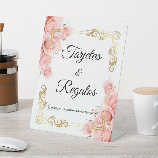 Eenvoudige Elegante Roze Gouden Bloem Quinceañera Reclamebord Met Voetstuk (Insitu)