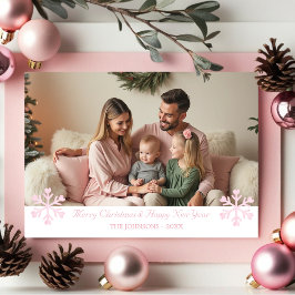 Eenvoudige Elegante Roze Sneeuwvlokken één foto Va Feestdagenkaart