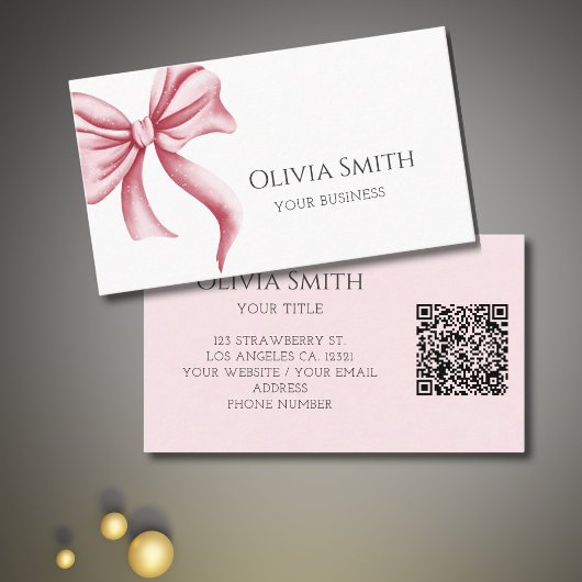 Eenvoudige Elegante Roze Strik QR Code Visitekaartje