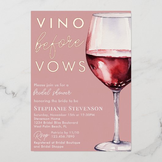 Eenvoudige elegante roze vino voor geloften Vrijge Folie Uitnodiging (Voorkant)