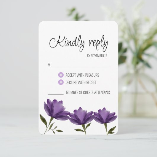 Eenvoudige elegante rustieke waterverf paarse RSVP (Staand voorkant)