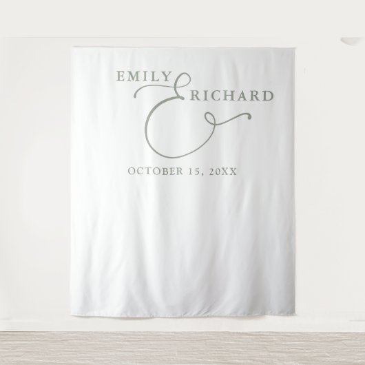 Eenvoudige Elegante Sage Green bruiloft foto achte Wandkleed (Voorkant)