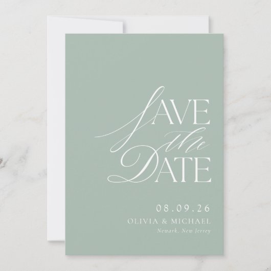 Eenvoudige elegante Sage Green Chic bruiloft Save The Date (Voorkant)