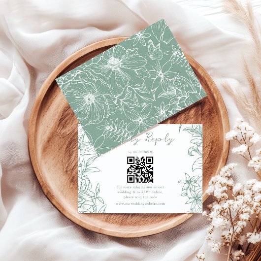 Eenvoudige Elegante Saliegroene Bloemencode QR Cod RSVP Kaartje