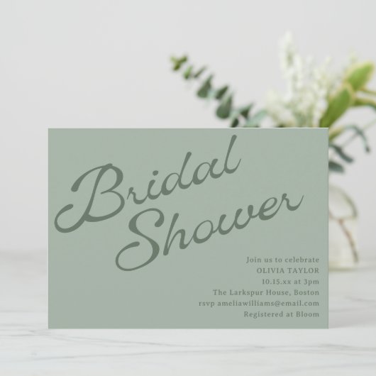 Eenvoudige Elegante Saliegroene Script Bruidsborre Kaart (Staand voorkant)