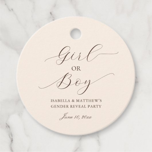 Eenvoudige Elegante Script Geslacht Reveal Beige F Bedankjes Labels (Voorkant)