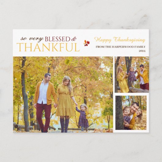 Eenvoudige Elegante Script Thanksgiving familie 3  Feestdagenkaart (Voorkant)