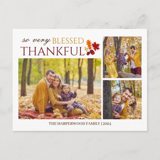 Eenvoudige Elegante Script Thanksgiving familie 3  Feestdagenkaart (Voorkant)