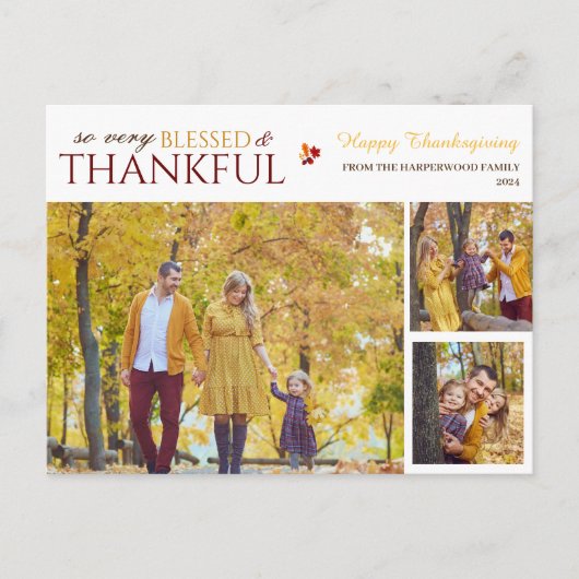 Eenvoudige Elegante Script Thanksgiving familie 3 Feestdagenkaart (Voorkant)