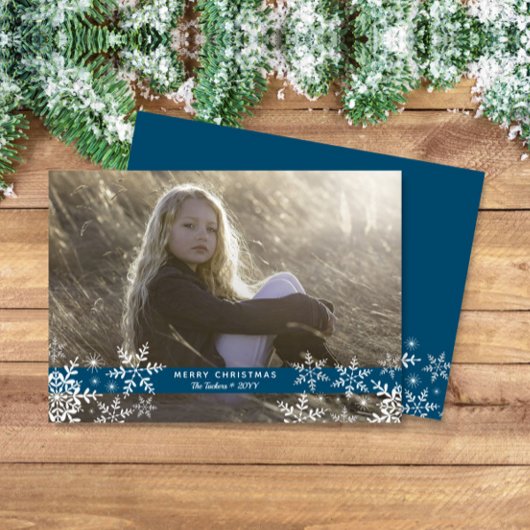 Eenvoudige Elegante Sneeuwvlokken Blauw Foto Kerst Feestdagenkaart