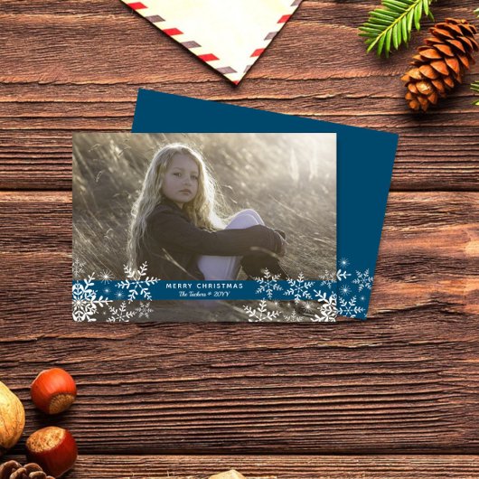 Eenvoudige Elegante Sneeuwvlokken Blauw Foto Kerst Feestdagenkaart
