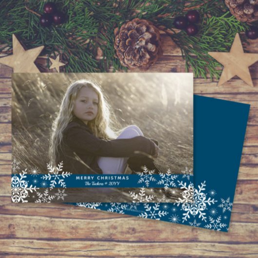 Eenvoudige Elegante Sneeuwvlokken Blauw Foto Kerst Feestdagenkaart