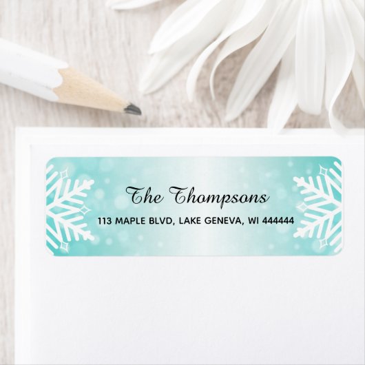 Eenvoudige elegante sneeuwvlokken Blauwgroen verlo Etiket (Insitu)