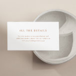 Eenvoudige elegante tekst | Boho trouwgegevens Informatiekaartje<br><div class="desc">Deze minimalistische en elegante gastendetailkaarten bevatten boho terracotta tekst op een schone witte achtergrond,  voor een eenvoudige en stijlvolle look. Vul de details in met betrekking tot hotelaccommodaties,  routebeschrijving en andere belangrijke informatie voor uw gasten.</div>