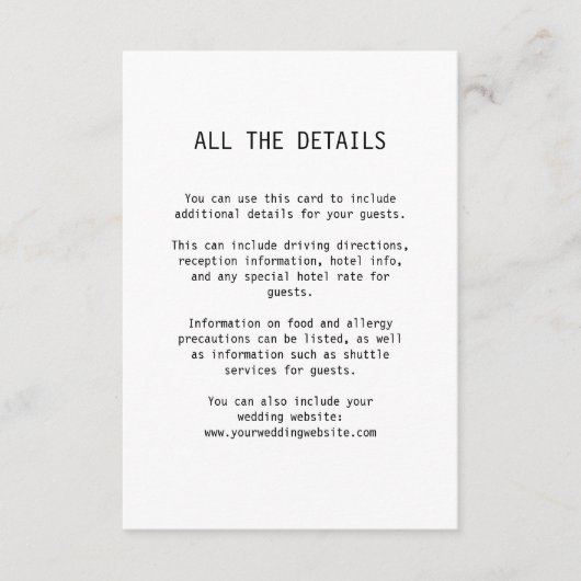 Eenvoudige elegante tekst | Details bruiloft gast Informatiekaartje (Voorkant)