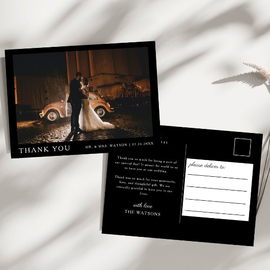 Eenvoudige elegante tekst en foto bruiloft Dank u Briefkaart