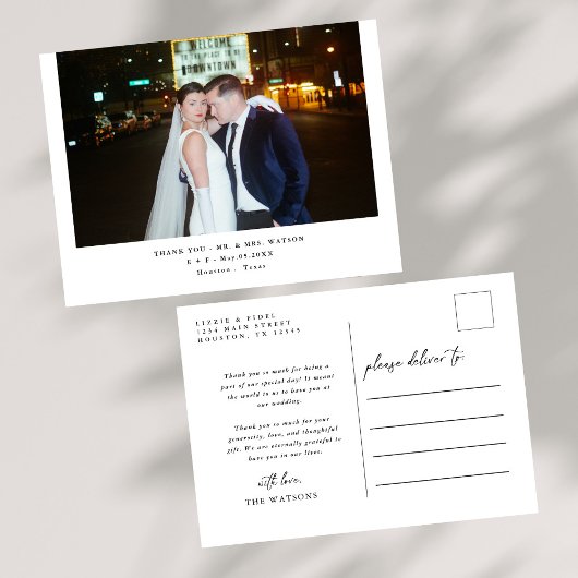 Eenvoudige elegante tekst en foto bruiloft Dank u Briefkaart