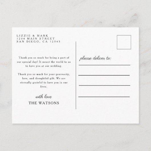 Eenvoudige elegante tekst en foto bruiloft Dank u Briefkaart (Achterkant)