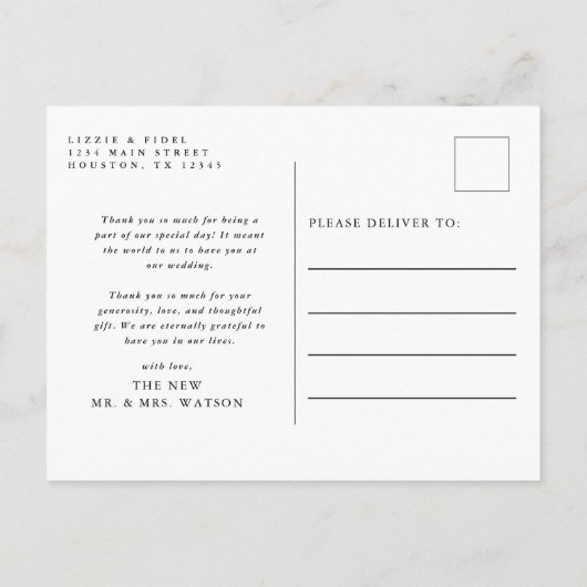 Eenvoudige elegante tekst en foto bruiloft Dank u Briefkaart (Achterkant)