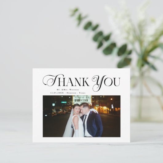 Eenvoudige elegante tekst en foto bruiloft Dank u Briefkaart (Staand voorkant)