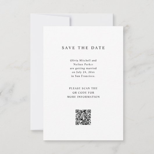 Eenvoudige Elegante Tekst en Foto | QR-code bruilo Save The Date (Achterkant)