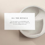 Eenvoudige elegante tekst | Trouwgegevens Informatiekaartje<br><div class="desc">Deze minimalistische en elegante gastendetailkaarten zijn voorzien van moderne zwarte tekst op een schone witte achtergrond,  voor een eenvoudige en stijlvolle look. Vul de details in met betrekking tot hotelaccommodaties,  routebeschrijving en andere belangrijke informatie voor uw gasten.</div>