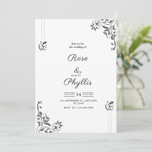 Eenvoudige elegante trouwuitnodiging in grijs met kaart (Staand voorkant)