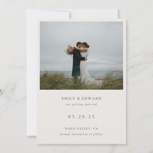 Eenvoudige elegante twee foto bruiloft save the date (Achterkant)