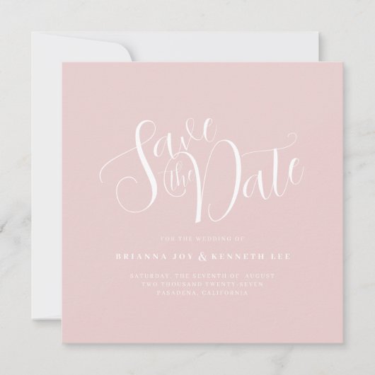 Eenvoudige Elegante Typografie Blush Roze Bruiloft Save The Date (Voorkant)